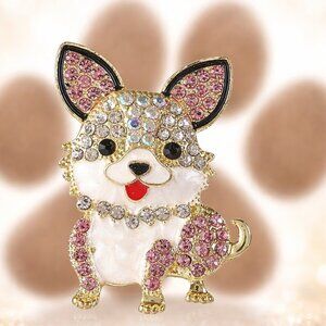 Cute Corgi Puppy Brooch Pin Pink Rhinestones Dog Lover Jewelry Git New